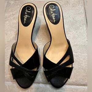 Cole Haan Women Black Patent Leather Strappy Slip On Kitten Heel Sandal 8.5 $150